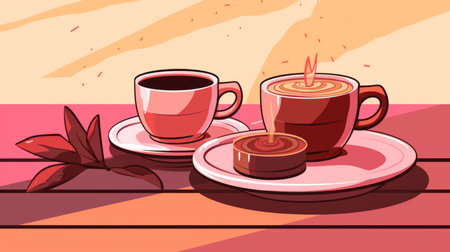 two cups of coffee on a wooden tableの素材