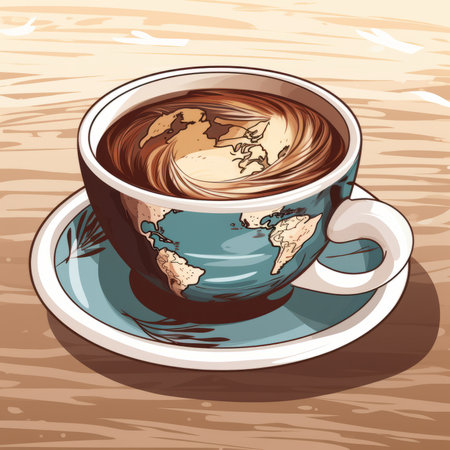 a cup of coffee with a world map on itの素材