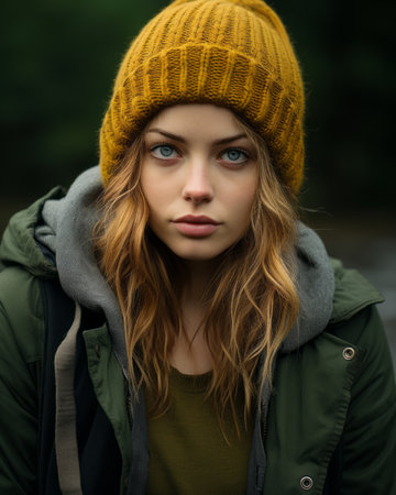 a beautiful young woman wearing a yellow hatの素材