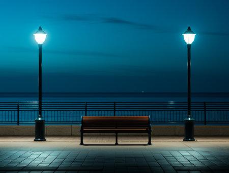 a bench and two street lamps by the ocean at nightの素材