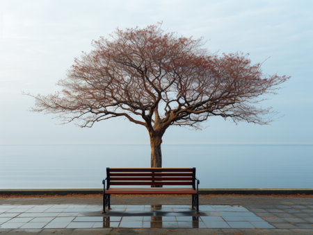 a bench sitting in front of a tree by a body of waterの素材