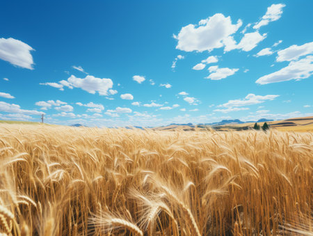 a field of golden wheat under a blue skyの素材