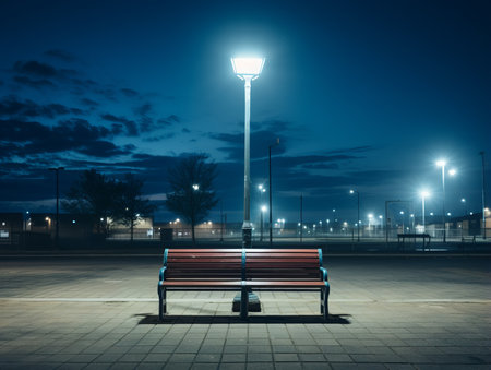 a bench sitting under a street light at nightの素材