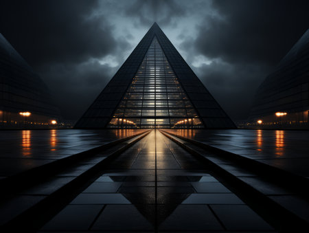 a dark and stormy night in front of a building with a pyramid in the middleの素材