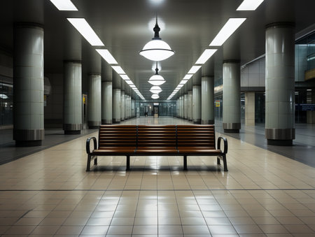 a bench sitting in the middle of a long hallwayの素材
