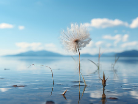 a dandelion in the water with mountains in the backgroundの素材