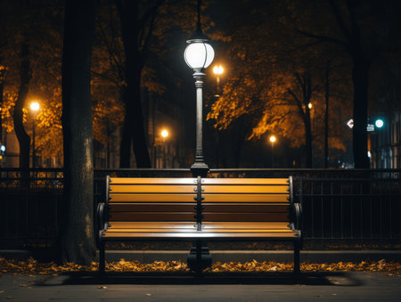 a bench sitting in the dark by a street lampの素材