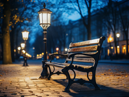 a bench sitting on the side of a street at nightの素材