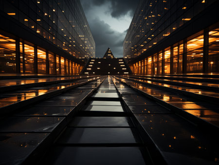a long walkway in front of a building at nightの素材