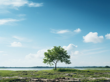 a lone tree stands alone in the middle of a grassy fieldの素材