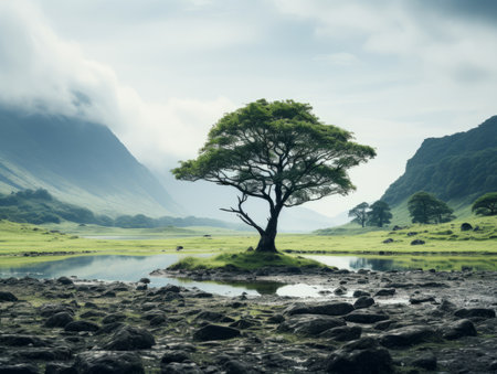 a lone tree in the middle of a grassy fieldの素材