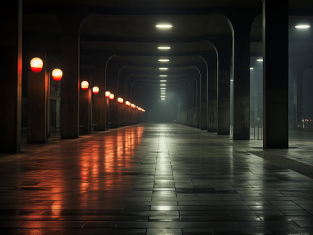 a long hallway with red lights on the end of itの素材