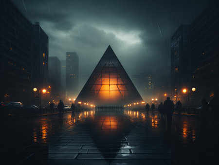 a large pyramid shaped building in the middle of a city at nightの素材