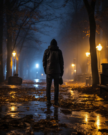 a man in a hooded jacket walking down a wet street at nightの素材