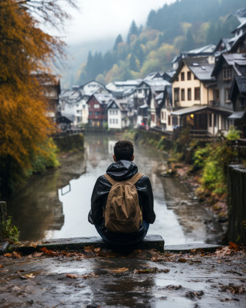 a man sitting on the edge of a river with a backpackの素材