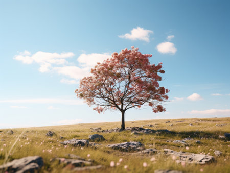 a lone tree in a grassy field against a blue skyの素材