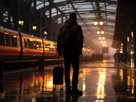a man is waiting for a train at a train stationの素材