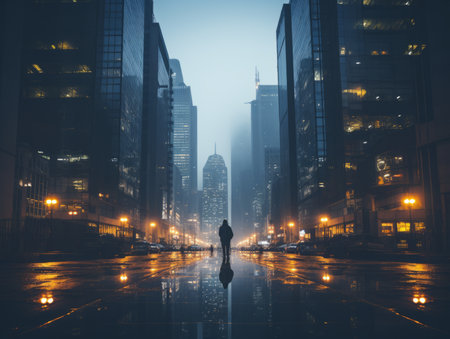 a man standing in the middle of a city street at nightの素材