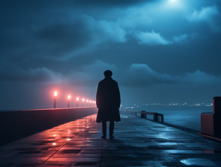 a man standing on a pier at night with a full moon in the backgroundの素材