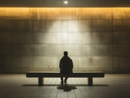 a person sitting alone on a bench in a dark roomの素材