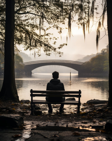 a person sitting on a bench by the waterの素材
