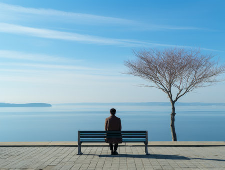 a person sitting on a bench looking at the waterの素材