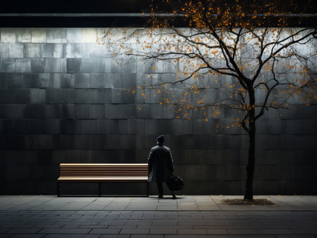 a person sitting on a bench in front of a treeの素材