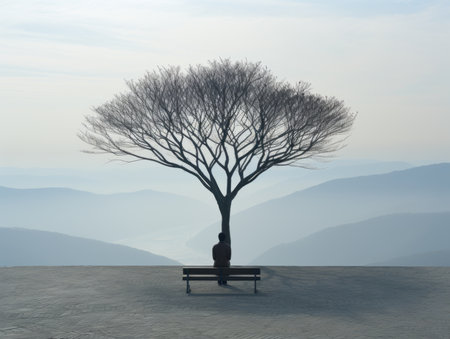 a person sitting on a bench under a treeの素材