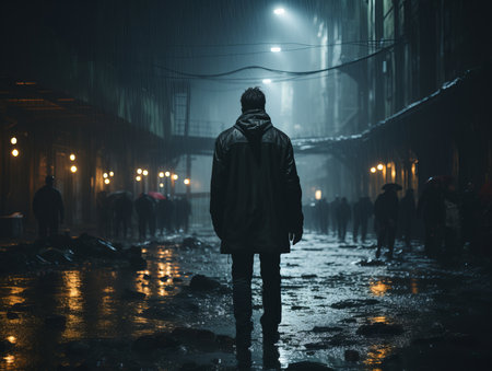 a man standing in the middle of an alley at nightの素材