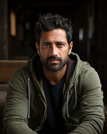 a man with a beard and hoodie sitting on a benchの素材