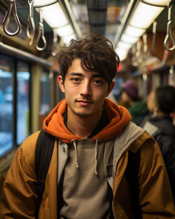 a man wearing a hoodie on a trainの素材