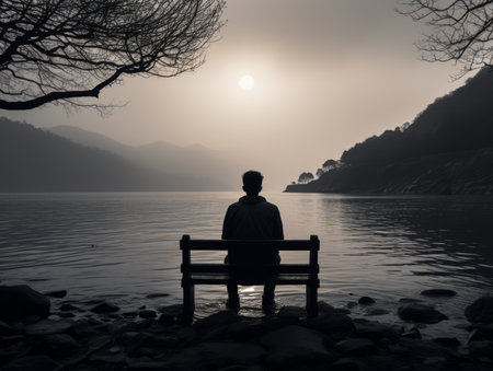 a person sitting on a bench in front of a body of waterの素材