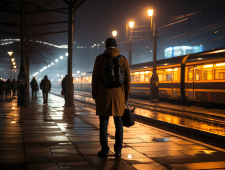 a man standing on a train platform at nightの素材