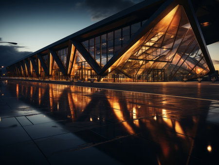 a modern building at dusk with reflections in the waterの素材