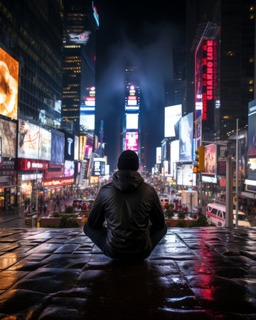 a person sitting on the ground in front of a city at nightの素材