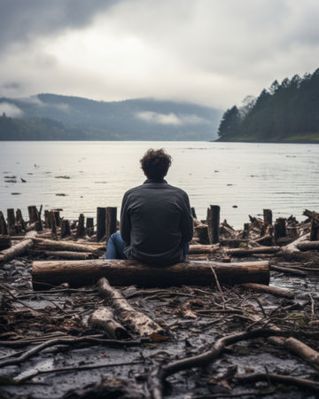 a person sitting on a log in front of a body of waterの素材