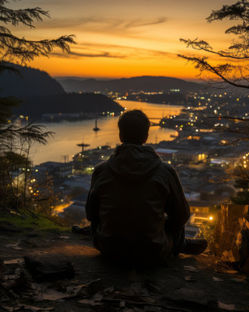 a person sitting on a rockの素材