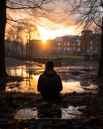 a person sitting on the ground in front of a body of waterの素材