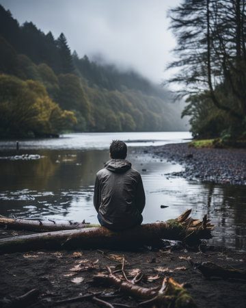 a person sitting on a log by a riverの素材