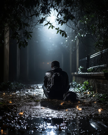 a person sitting on the ground in the darkの素材