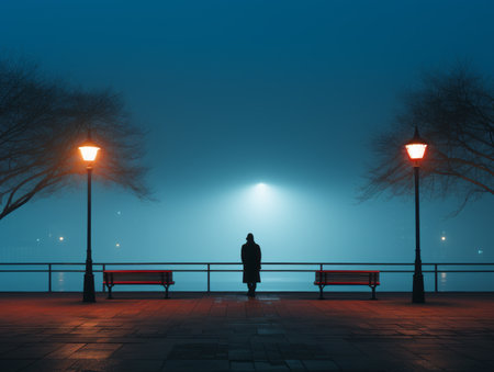 a person standing on a bench at nightの素材