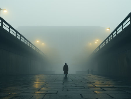 a person standing alone in the middle of a foggy streetの素材