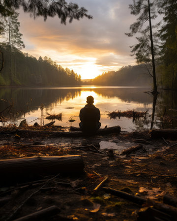 a person sitting on the shore of a lake at sunsetの素材