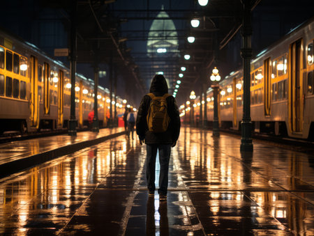 a person standing in front of a train station at nightの素材