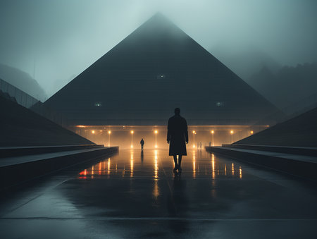 a person standing in front of a pyramid at nightの素材