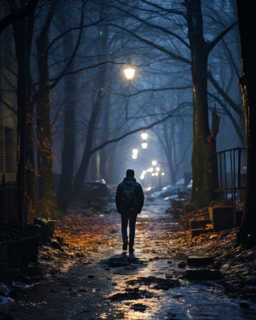 a person walking down a path in the middle of the nightの素材