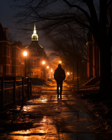a person walking down a sidewalk at nightの素材