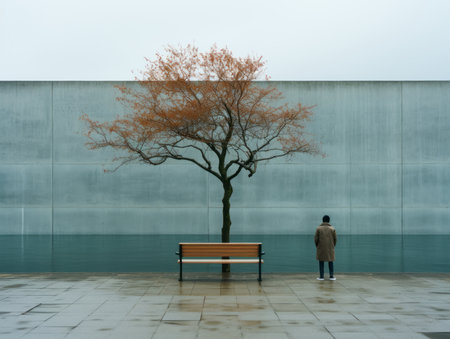 a person standing in front of a tree and a benchの素材