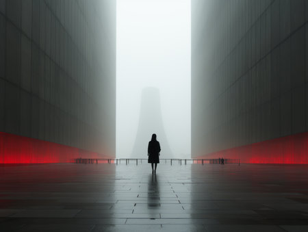 a person standing in the middle of a foggy buildingの素材