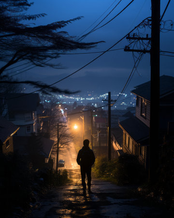 a person walking down a street at nightの素材